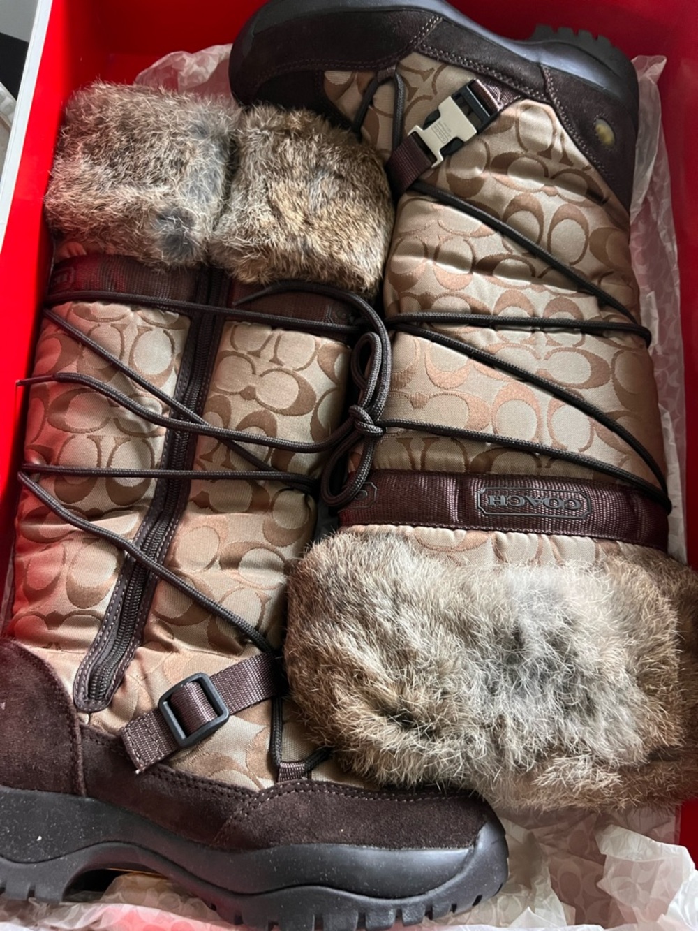 Coach Brown Monogram Faux-Fur Trim Winter Boots - Picture 2 of 4